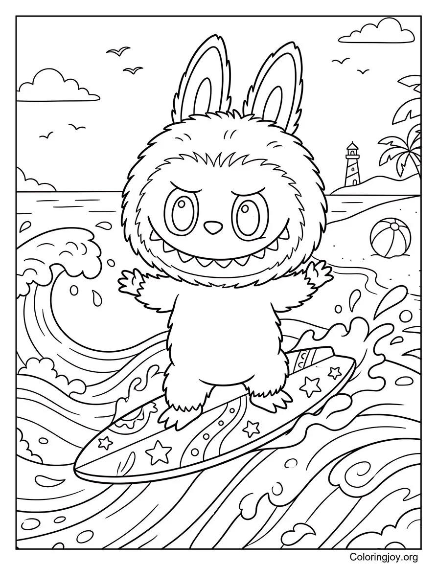 Surfeando en una ola pequeña Hoja para colorear inspirada en Labubu página para colorear
