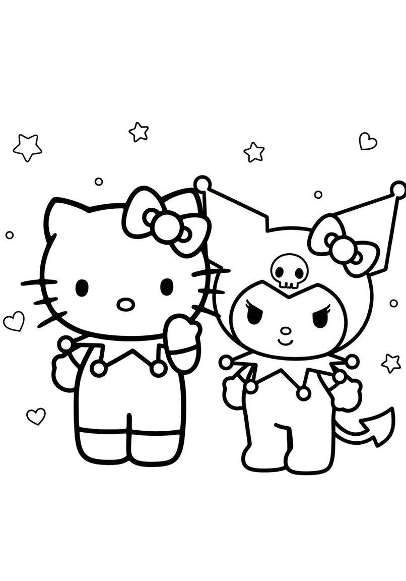 Página para colorear de Hello Kitty y Kuromi Friends