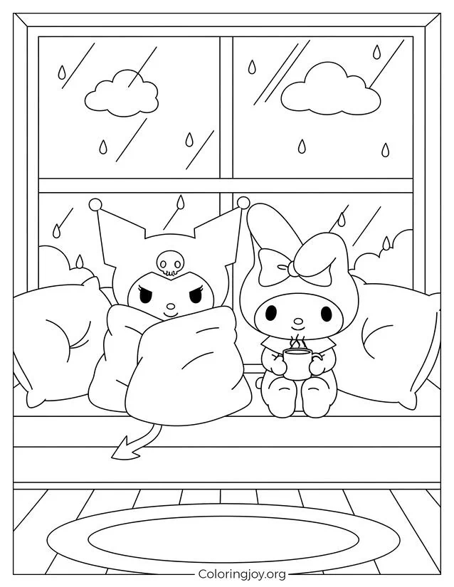 Kuromi kuschelt sich in eine Decke, während My Melody eine warme Tasse hält, während sie Regentropfen vor dem Fenster beobachten.