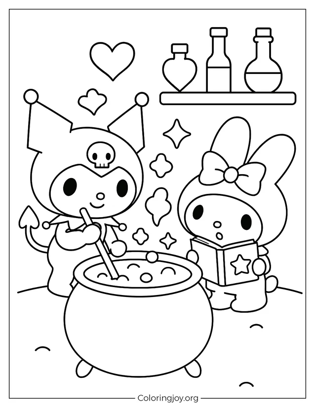 Kuromi rührt einen sprudelnden Trank, während My Melody mit einem Zauberbuch in der Hand überrascht aussieht.