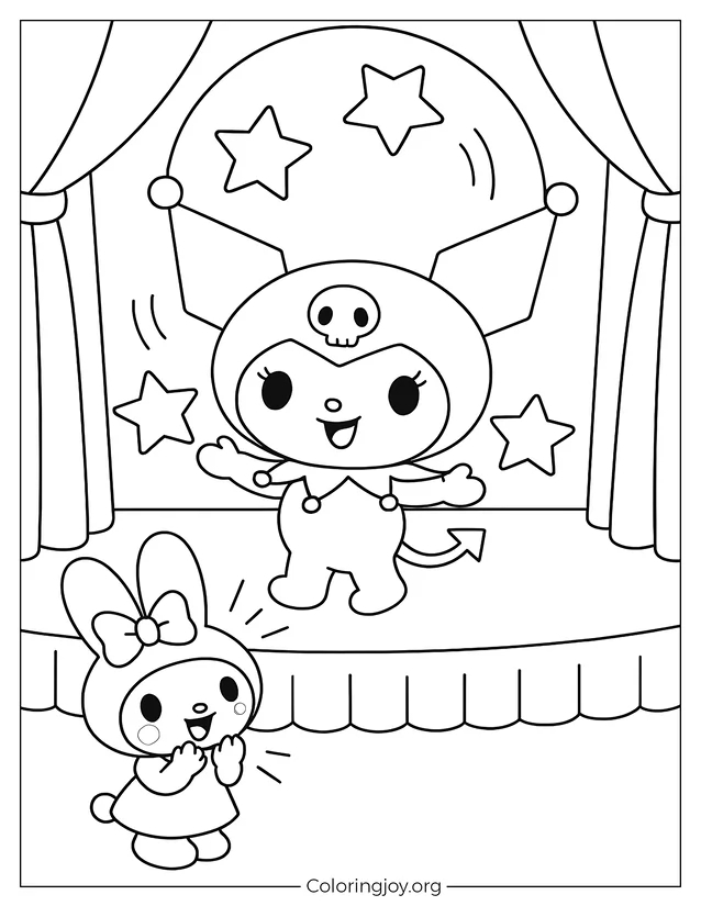 Kuromi stellt auf der Bühne ihre Jonglierkünste unter Beweis, während My Melody vom Publikum angefeuert wird.