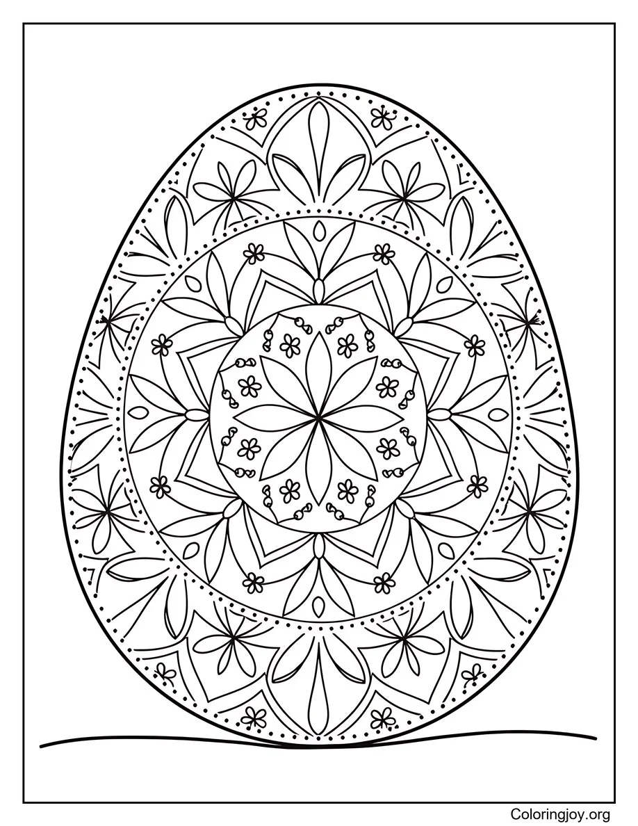 A detailed mandala-style egg fills the page with beautiful patterns.