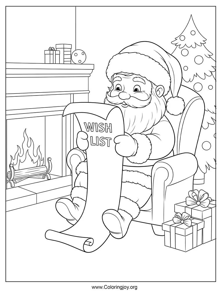 Santa Claus Reading Wish List by Fireplace Coloring Page