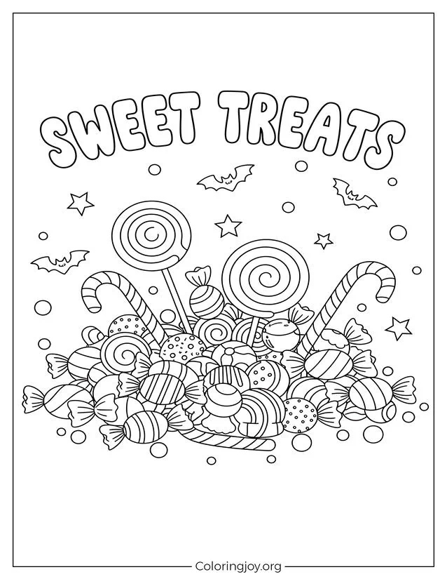 Linda hoja para colorear de dulces de Halloween
