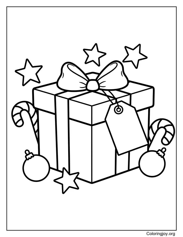 Holiday Gift Box and Festive Elements Coloring Page