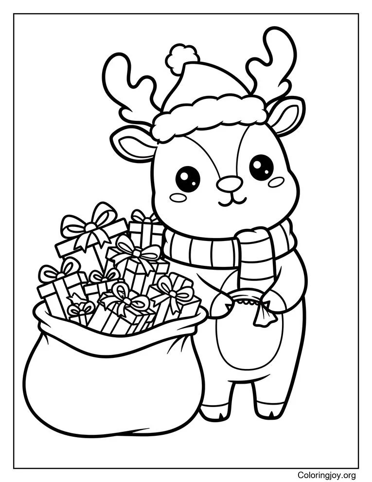 Reindeer delivering gift coloring pages