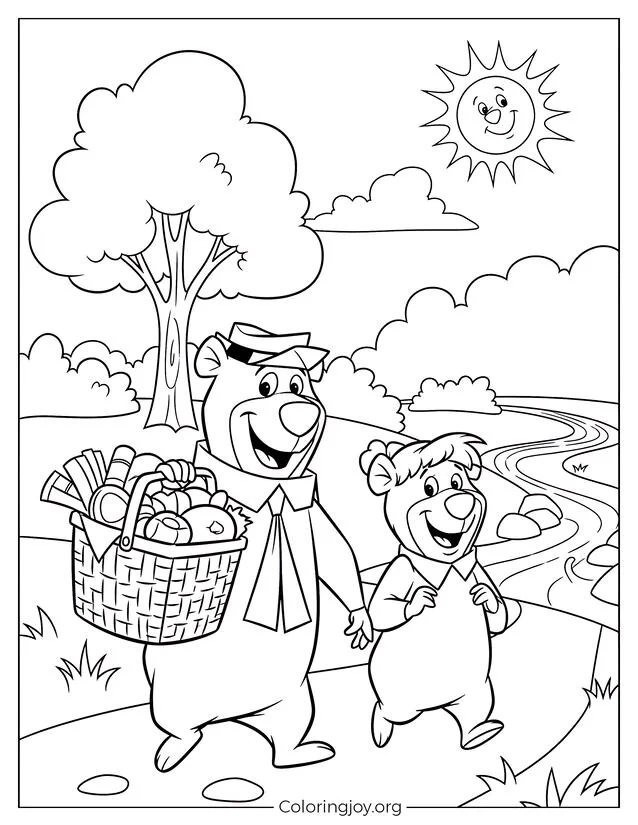 Yogi Página para colorear de diversión de picnic con osos