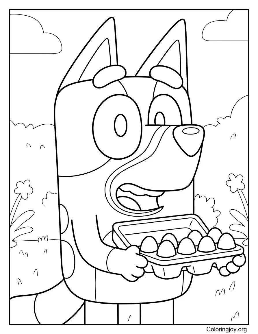 Bluey Página para colorear llevando un cartón de huevos