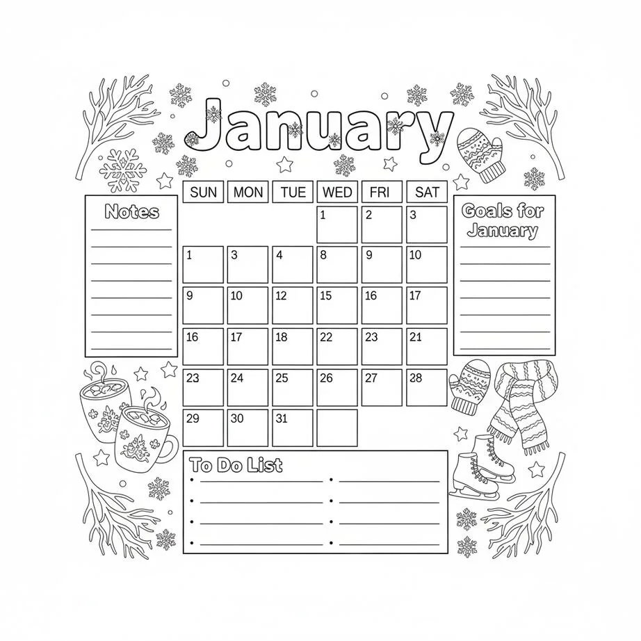 Página para colorear del planificador del calendario de enero