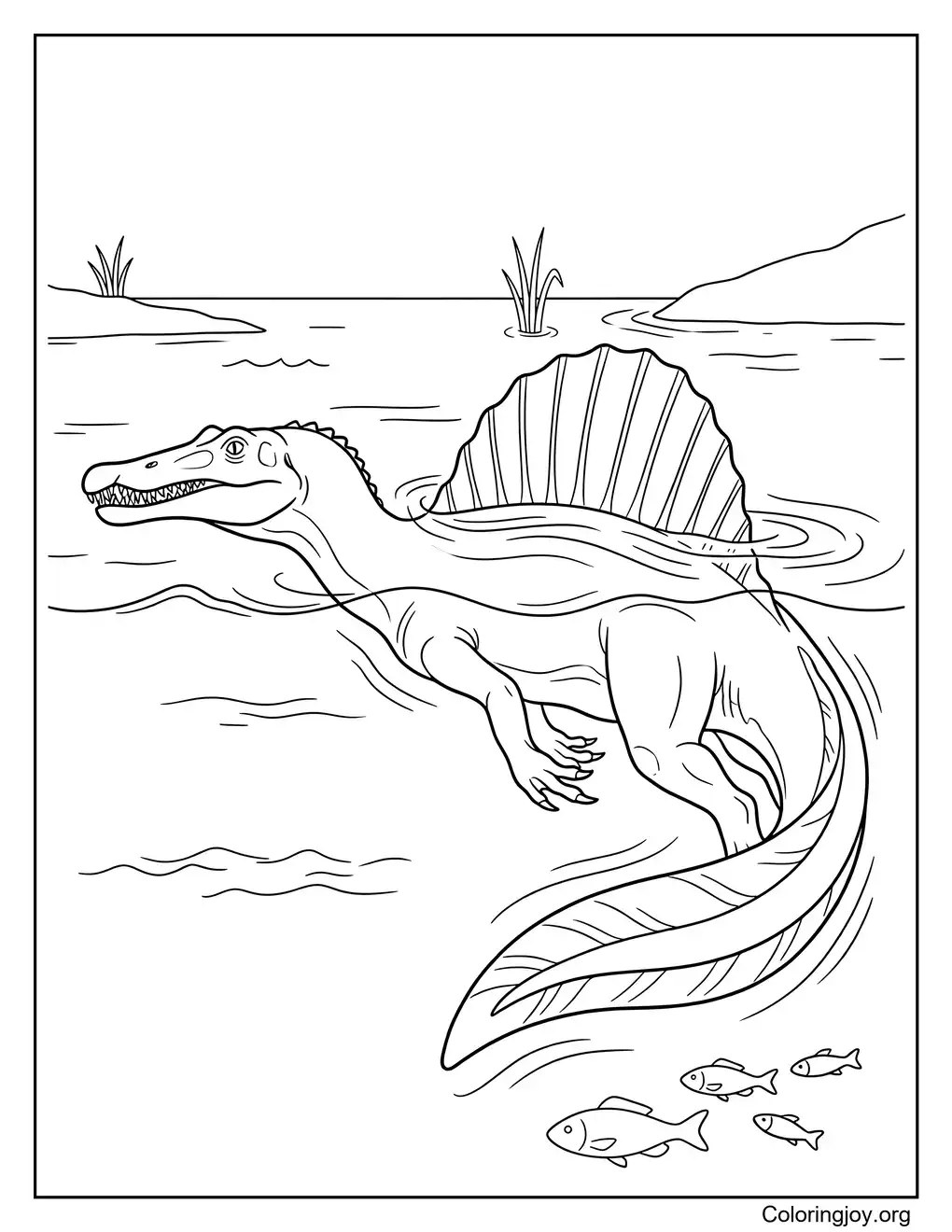 Ausmalbild: Schwimmender Spinosaurus-Dinosaurier