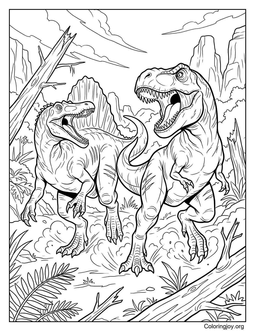 T-Rex vs. Spinosaurus Kampf Malvorlage