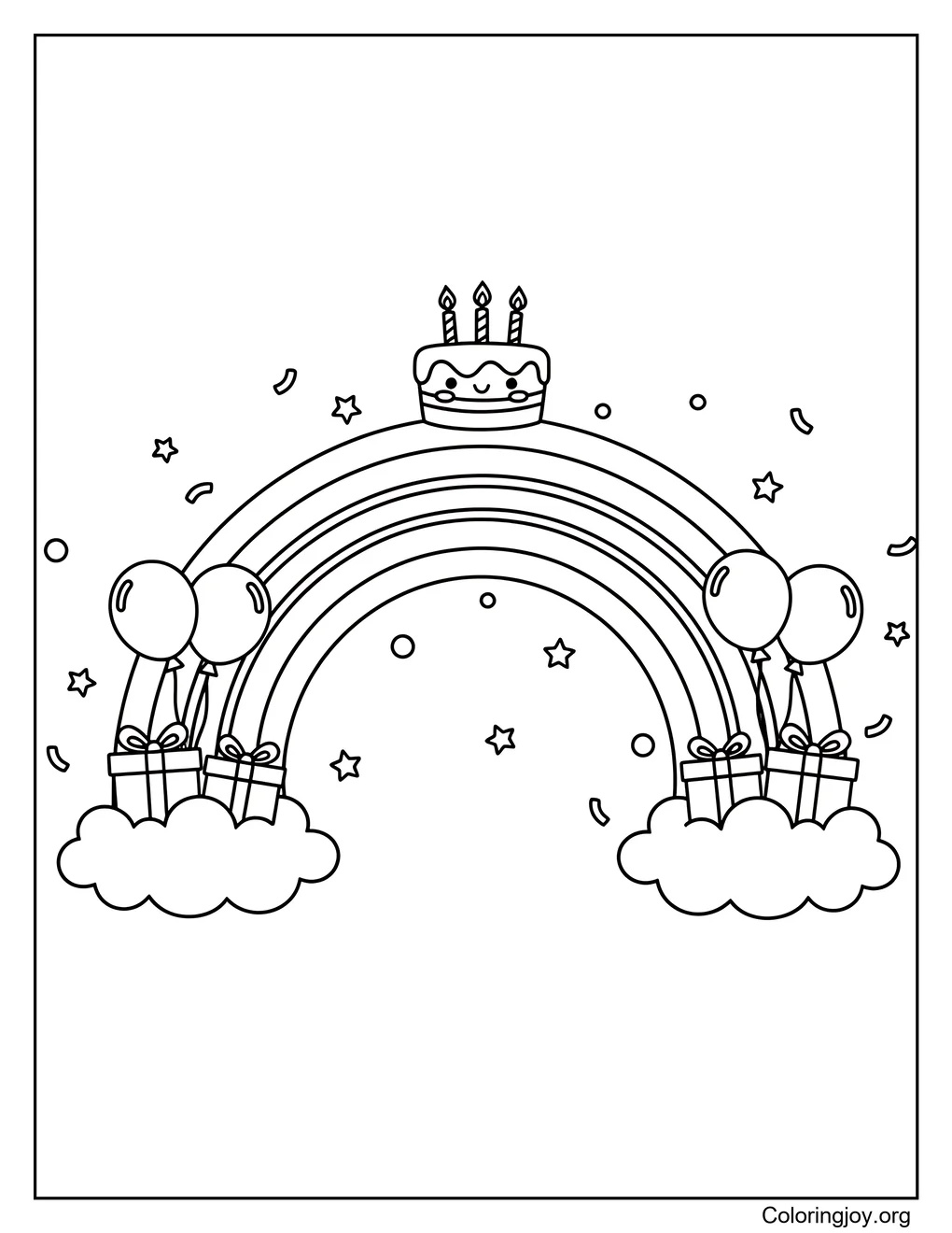Lächelnde Regenbogen-Geburtstagsfeier mit Kuchen und Geschenken