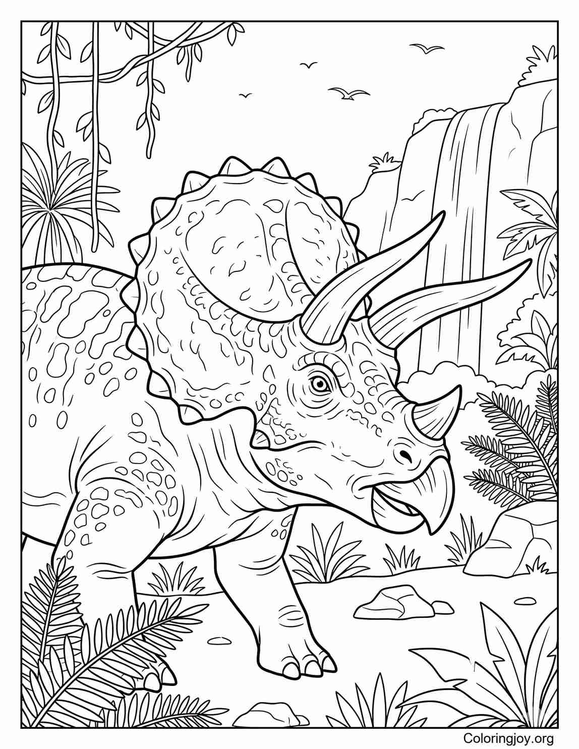 Triceratops in Prehistoric Jungle Coloring Page for Kids