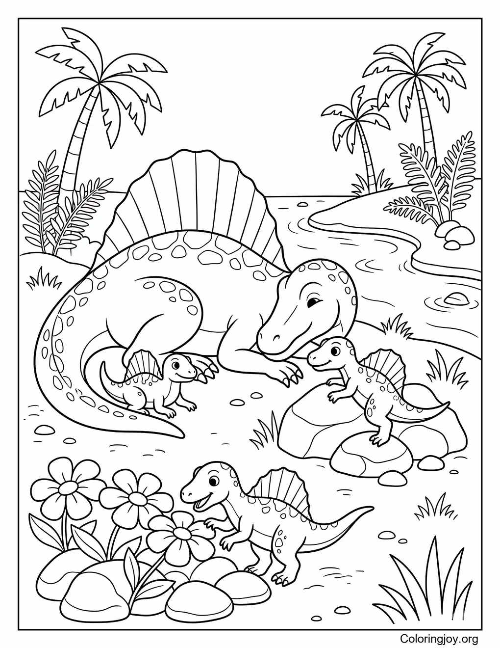 Ausmalbild: Baby-Dinosaurierfamilie Spinosaurus