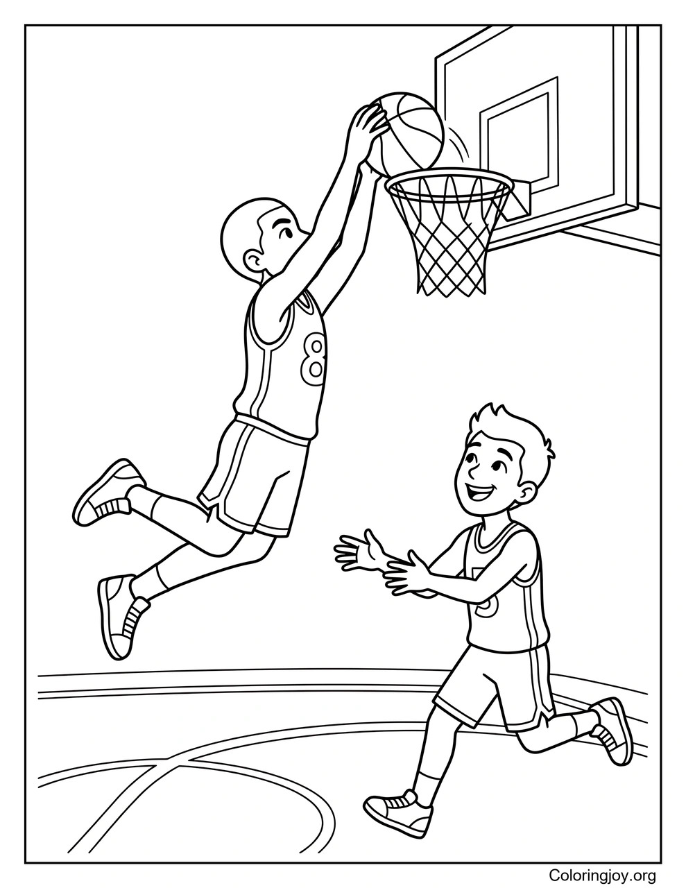 Two teammates complete an exciting alley oop play.