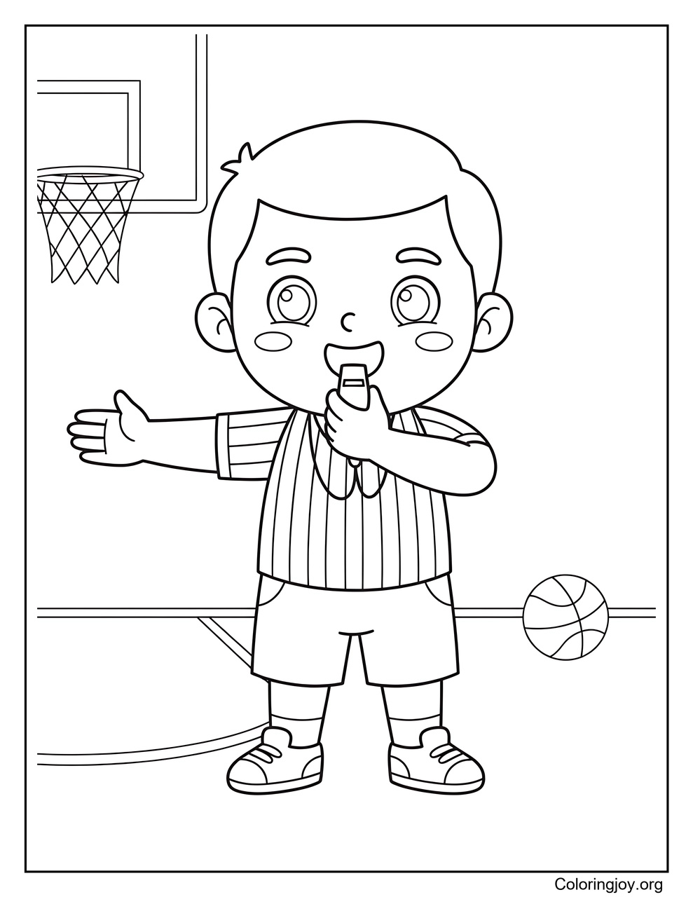 A basketball referee blows the whistle and makes a call.