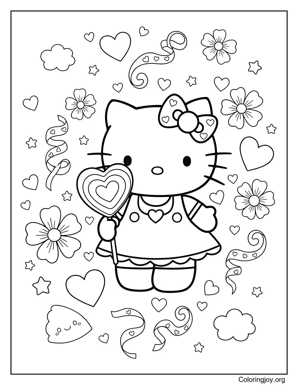Hello Kitty con piruleta de corazón página para colorear
