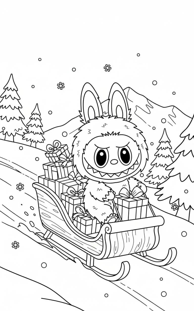 Foglio da colorare di Labubu Christmas Sleigh Ride