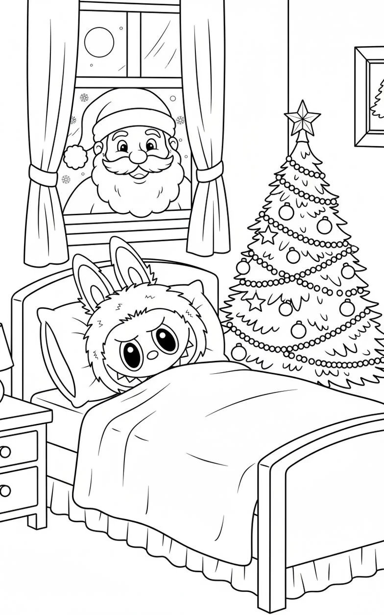 Labubu che dorme accanto all'albero di Natale Pagina da colorare