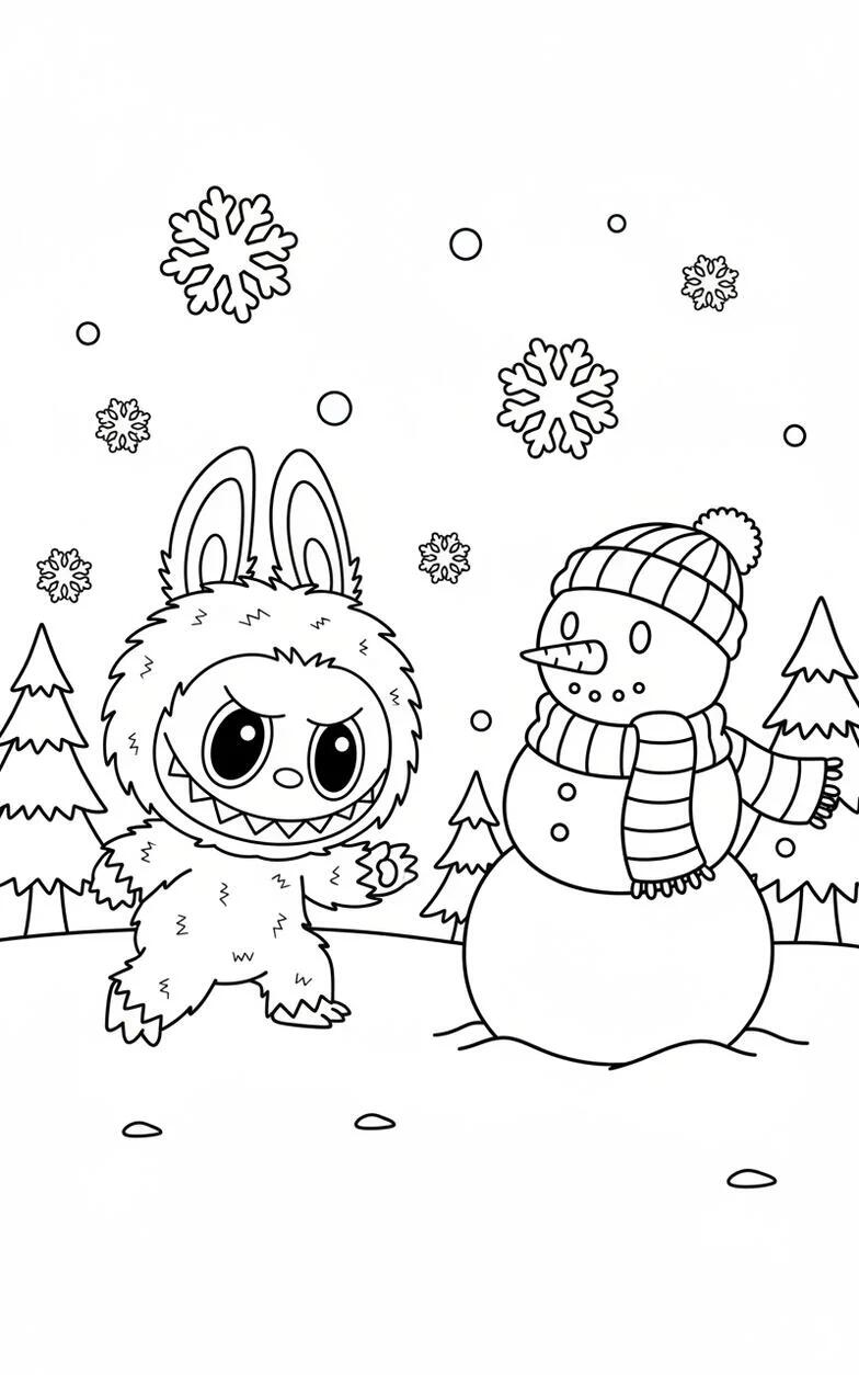 Divertimento invernale con Labubu e il pupazzo di neve