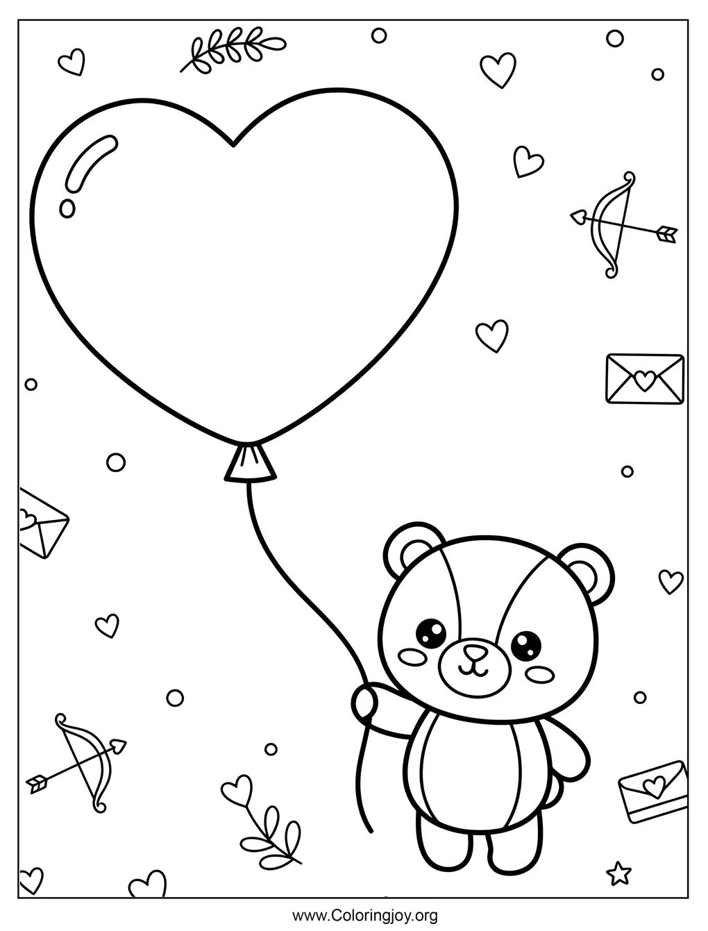 Peluche con globo de corazón San Valentín página para colorear