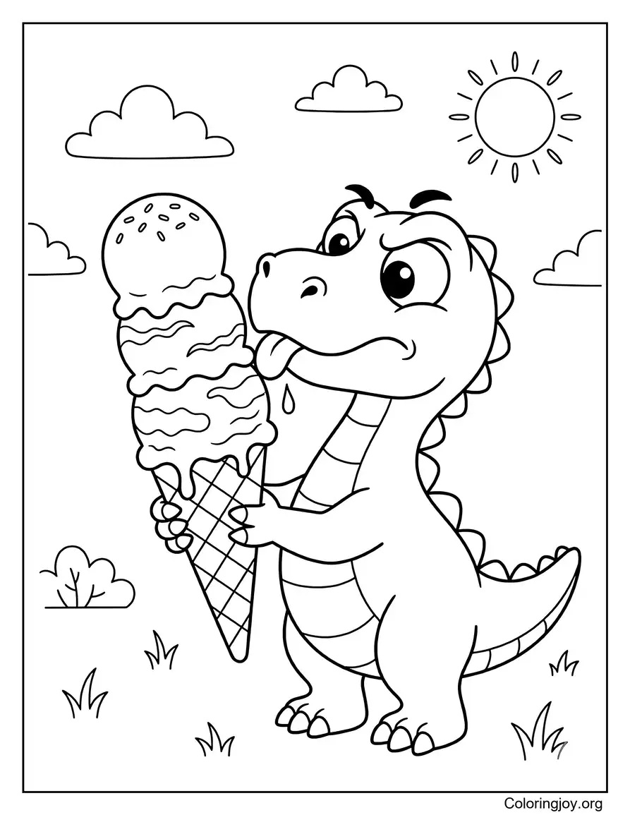Dinosaur Enjoying Ice Cream Dessert coloring page