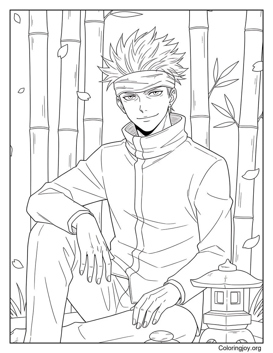 Gojo Satoru Relajándose en el Jardín Hoja para colorear