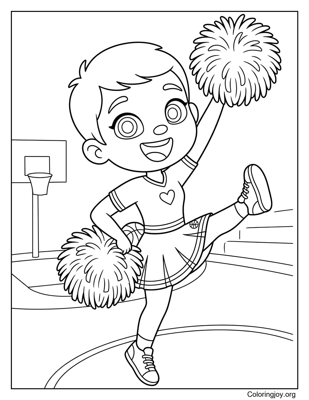 A basketball cheerleader cheers for the team.
