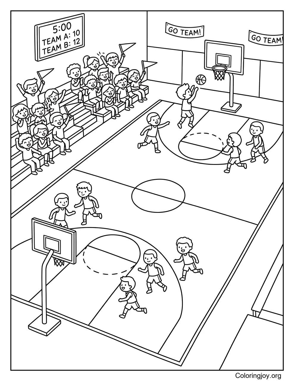 Players compete during an exciting full court basketball game.