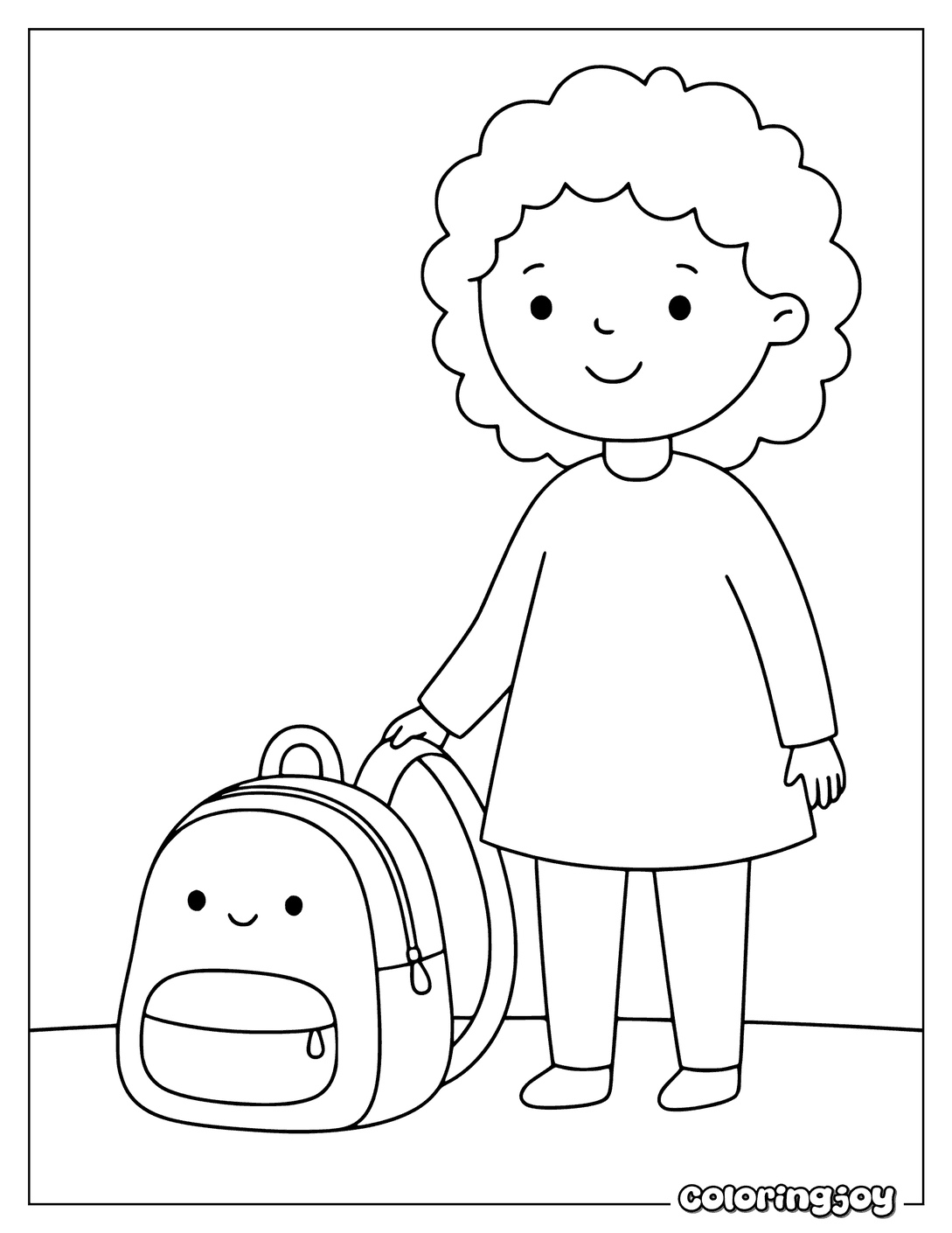 A child proudly showing a brand-new backpack before starting school.