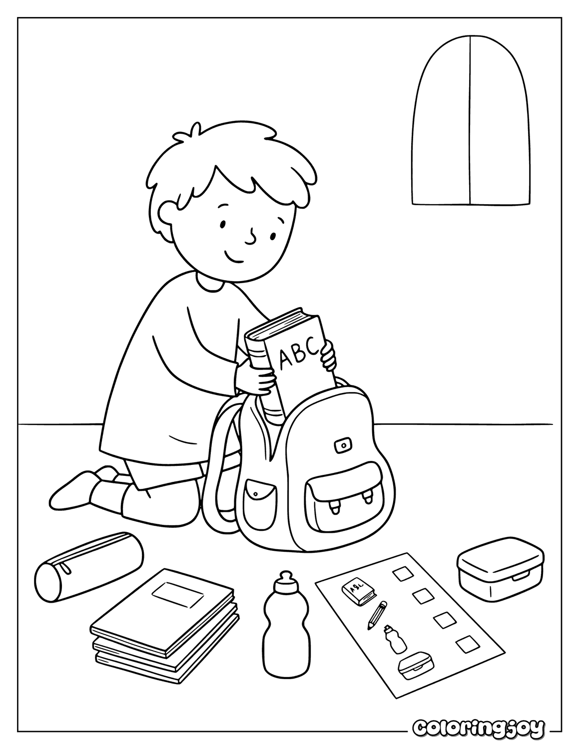 A child packing books and school supplies into a backpack.