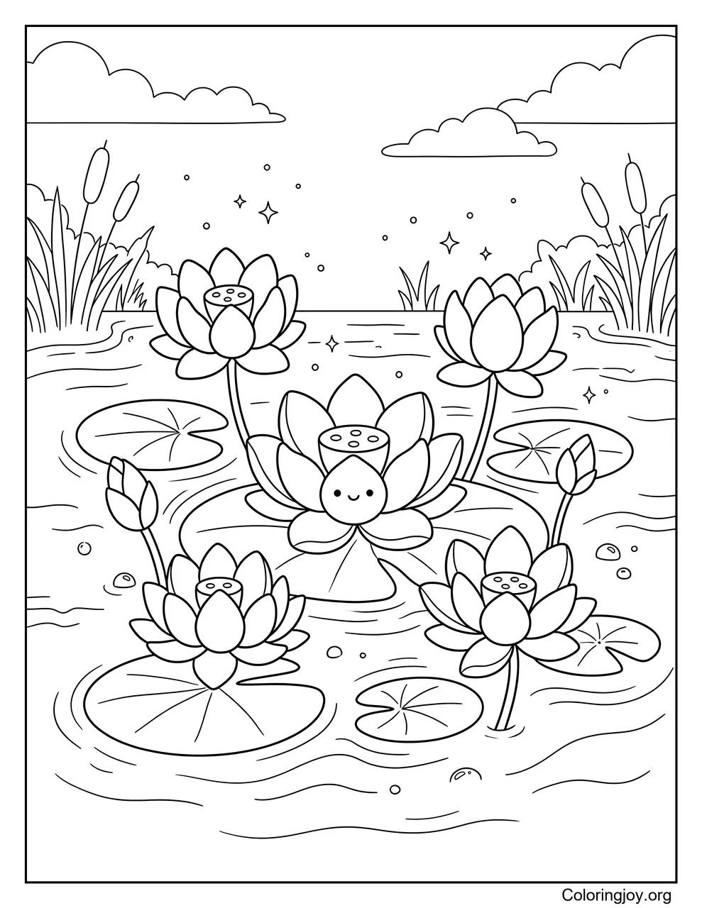 Über einem friedlichen Teich blühen Lotusblumen.