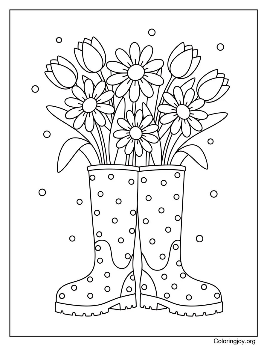 de botas de lluvia llenas de flores primaverales página para colorear