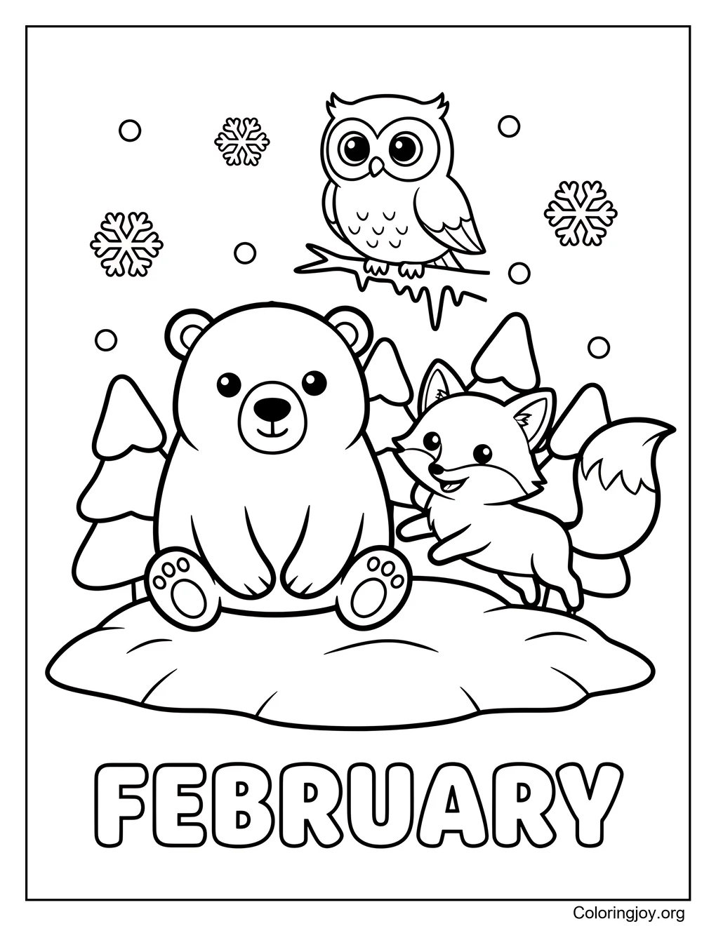 Animales de invierno en febrero página para colorear