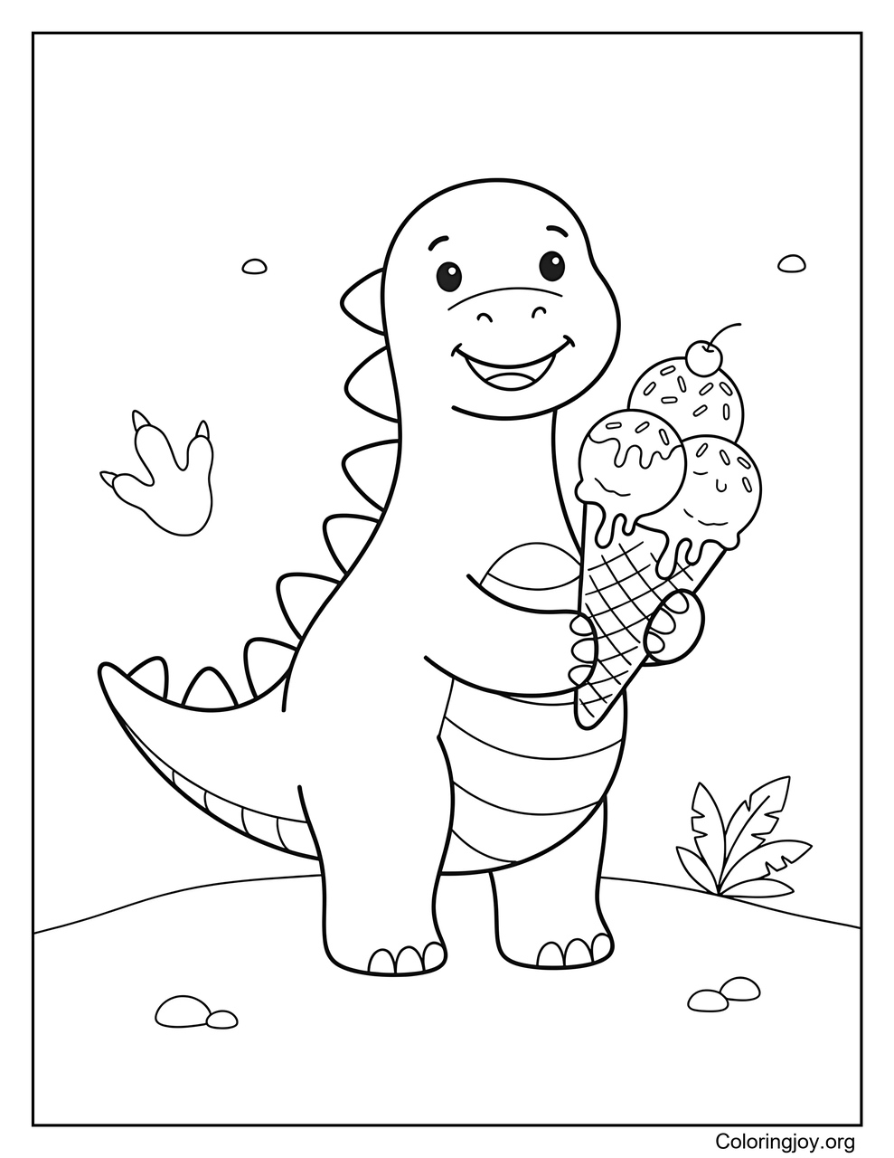 A Dinosaur Holding an Oversized Cone