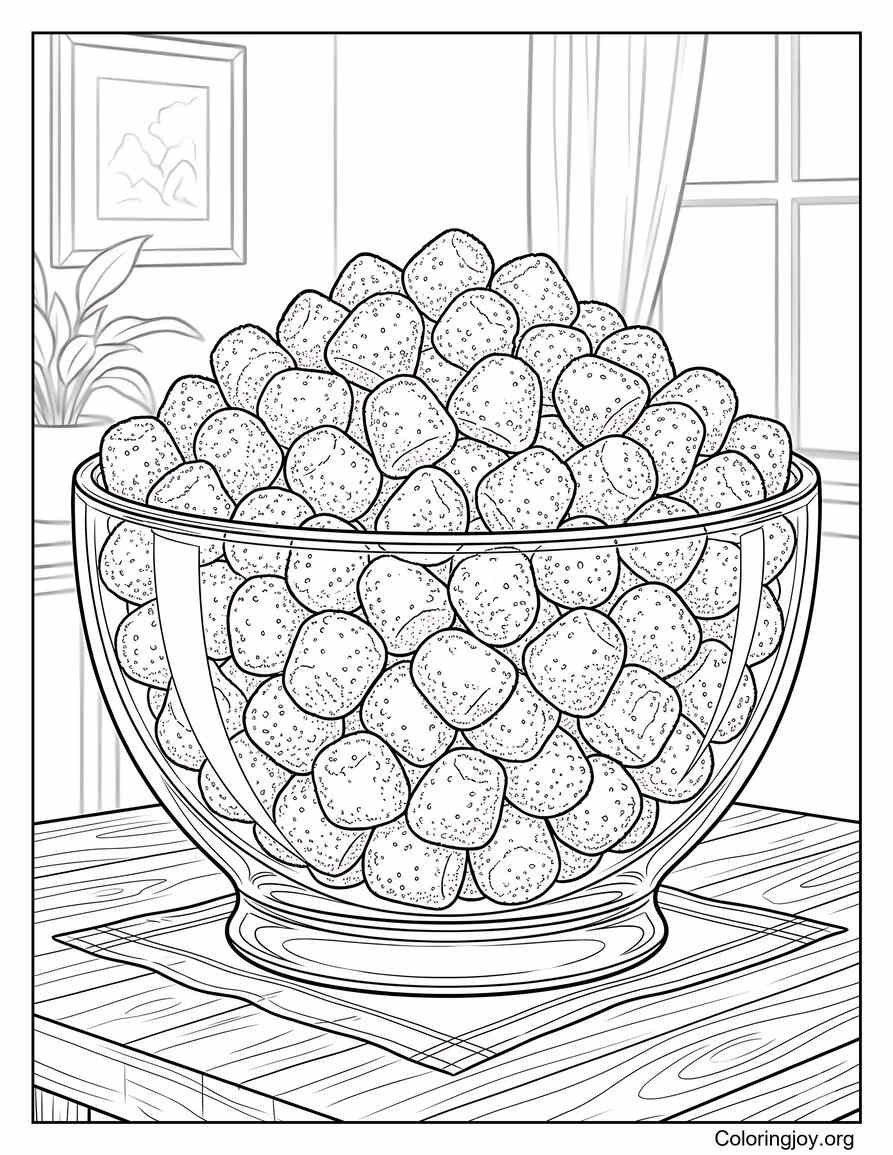 Tazón de vidrio realista para dulces lleno de Gumdrops página para colorear