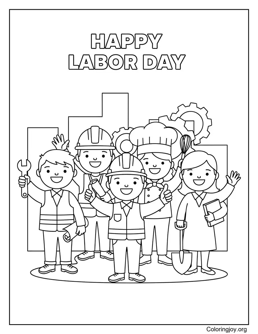 Feliz Día del Trabajo Trabajadores página para colorear