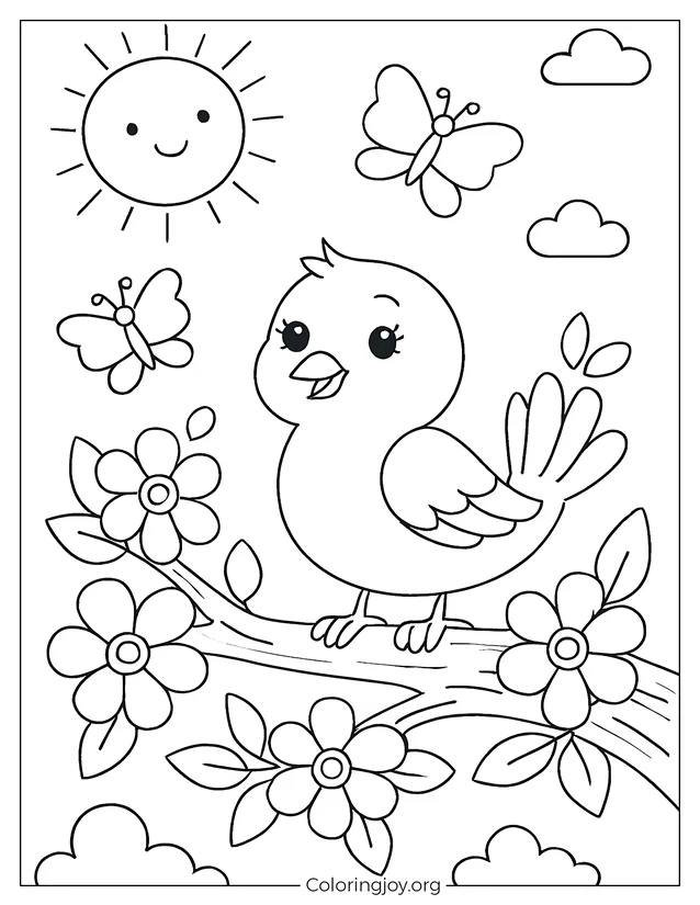 Hoja para colorear de pájaros y flores alegres de primavera página para colorear