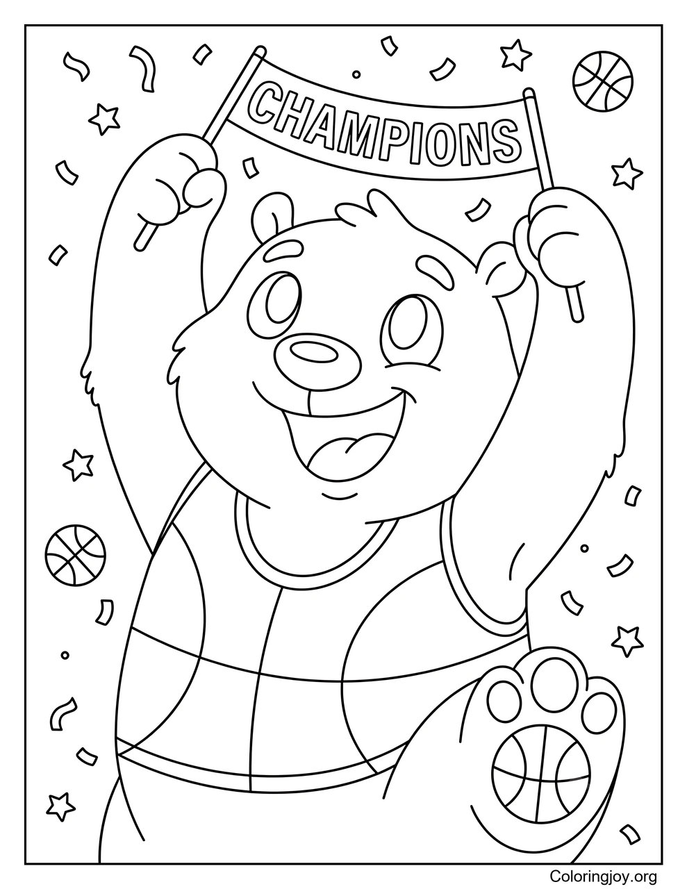 A championship banner celebrates a basketball victory.
