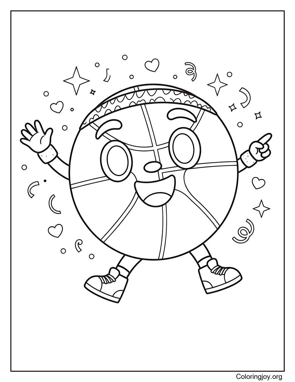 A smiling basketball has cute accessories and decorations.