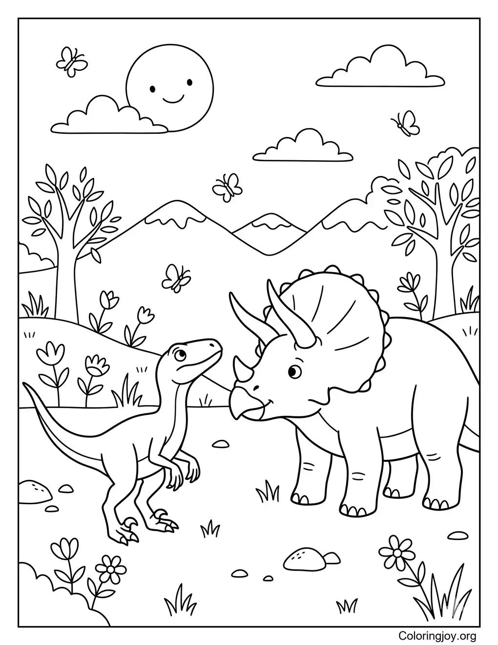 Velociraptor And Triceratops Scene coloring page
