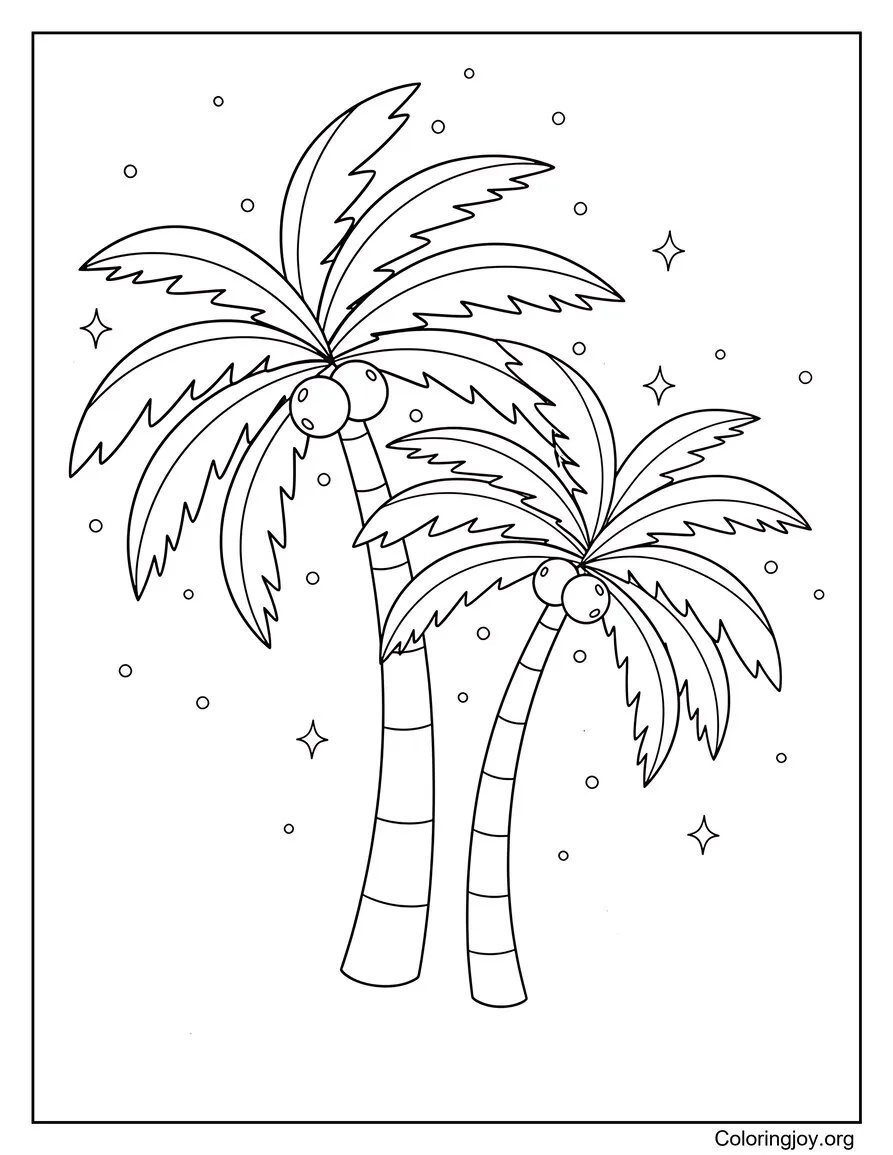 Pagina da colorare per bambini ispirata all'estate sulla spiaggia delle palme disegno da colorare