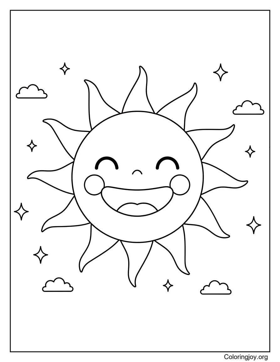 Pagina da colorare estiva con scena del sole con raggi di sole luminosi disegno da colorare