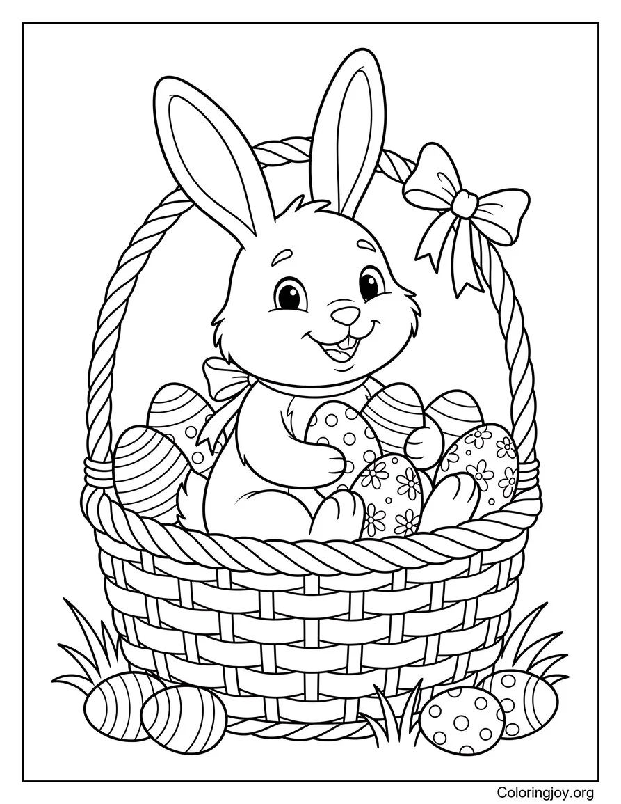 Bunny sits inside a basket with eggs and grass.