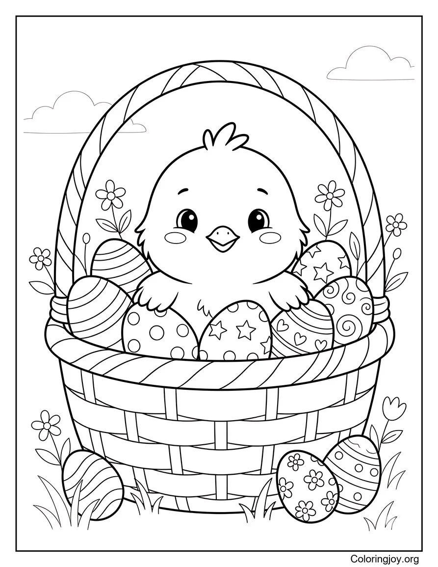 Baby chick peeks out of a basket filled with eggs.
