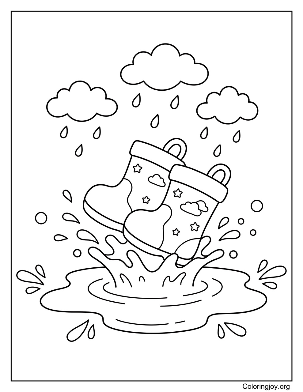 Regenstiefel plätschern durch eine Pfütze.