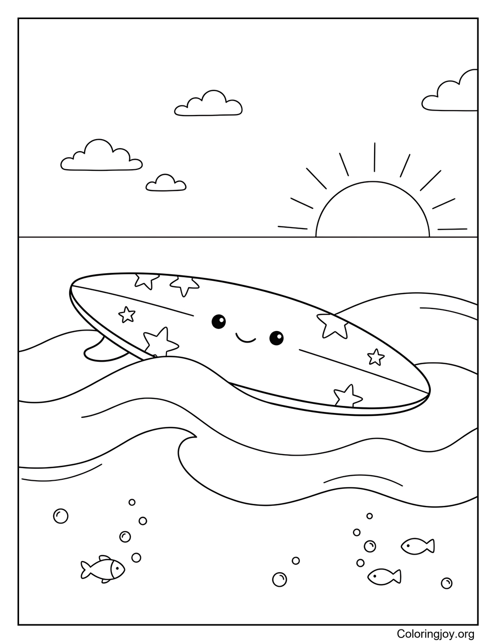 Ein Surfbrett schwimmt auf den Wellen des Ozeans.