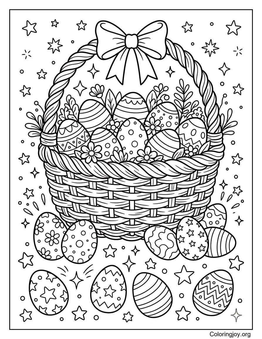 Basket with eggs and star doodles around.