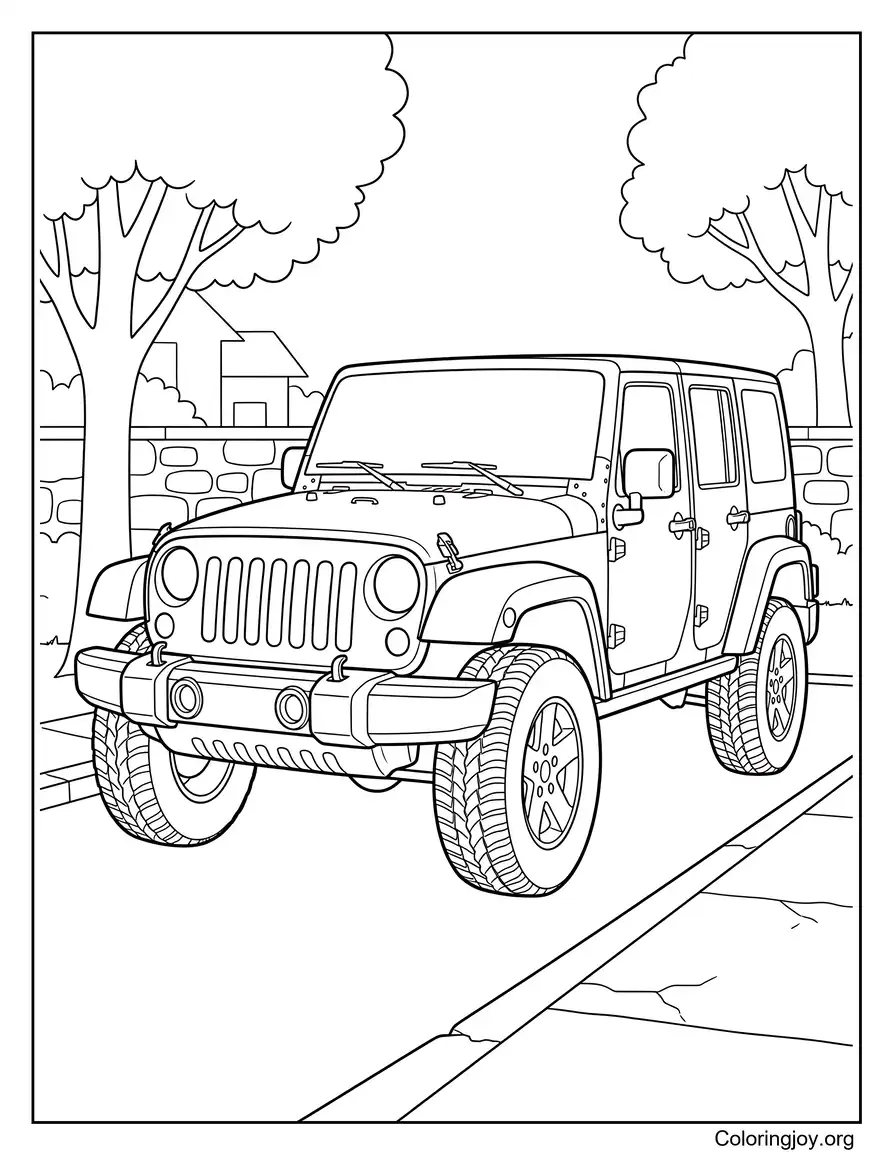 Realistic Jeep in a Parking Scene coloring page