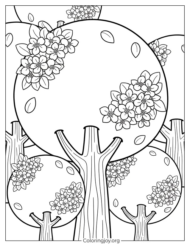 Hoja para colorear de árboles primaverales simples